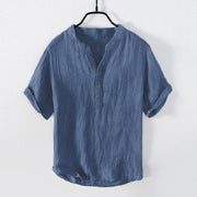 Foviel Solid Color Short Sleeve Half Button Shirt Cotton Linen Men Clothing