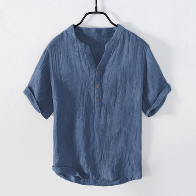 Buddha Stones Solid Color Short Sleeve Half Button Shirt Cotton Linen Men Clothing - Short Sleeve - SteelBlue - US/UK/AU50，EU60 (5XL) - image 23