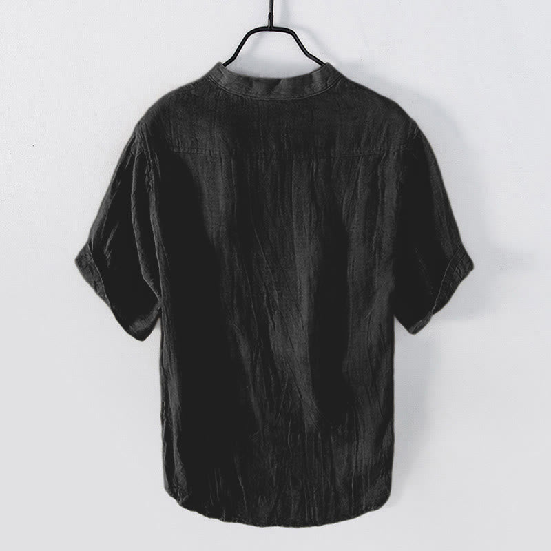 Buddha Stones Solid Color Short Sleeve Half Button Shirt Cotton Linen Men Clothing - image 22
