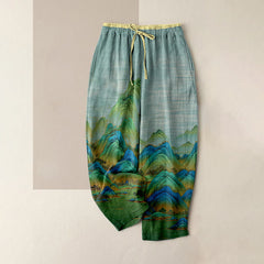 Buddha Stones Pure Cotton Natural Landscape Pattern Women's Elastic Waist Pants With Pockets - PaleTurquoise - US16，UK/AU20，EU48 (3XL) - image 0