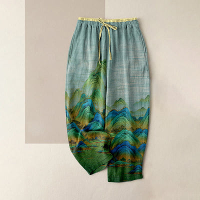 Buddha Stones Pure Cotton Natural Landscape Pattern Women's Elastic Waist Pants With Pockets - PaleTurquoise - US16，UK/AU20，EU48 (3XL) - image 0