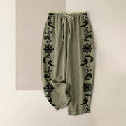 Foviel Cotton Casual Dharma Wheel Lotus OM Pattern Women's Elastic Waist Pants With Pockets