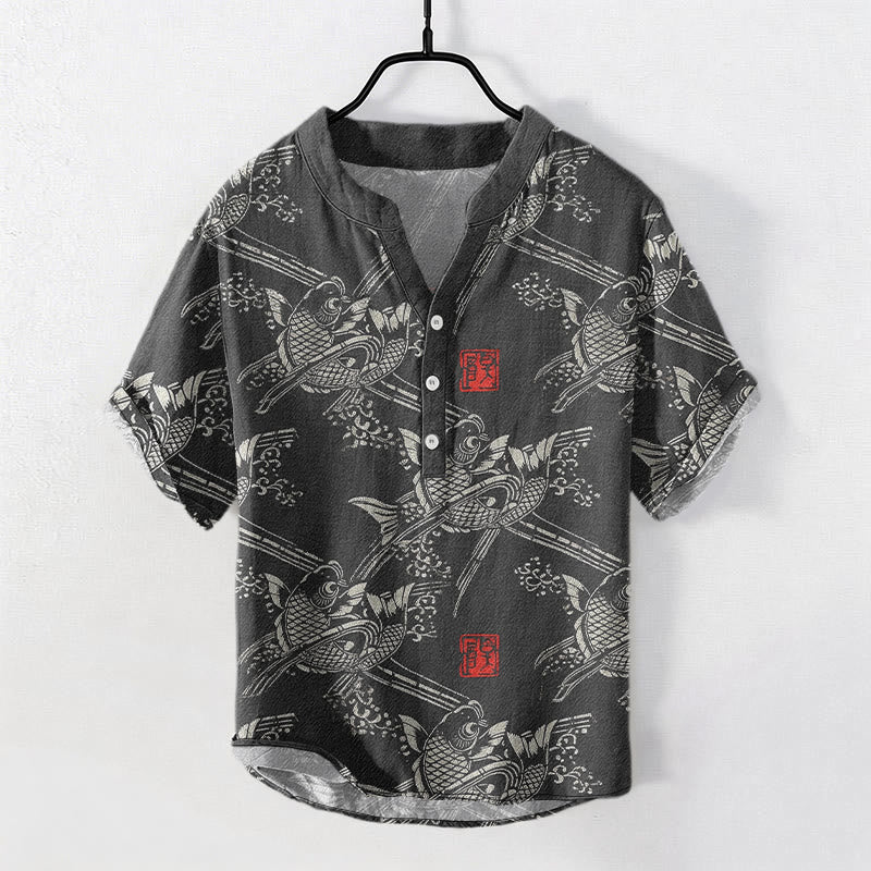 Buddha Stones Cotton Koi Fish Bamboo Pattern Men's Short Sleeve Half Button Shirt - DimGray - US/UK/AU50，EU60 (5XL) - image 0