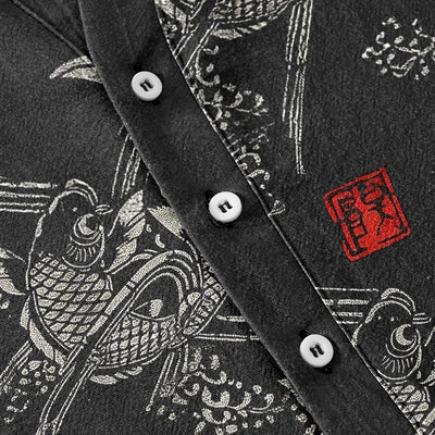 Buddha Stones Cotton Koi Fish Bamboo Pattern Men's Short Sleeve Half Button Shirt - image 3