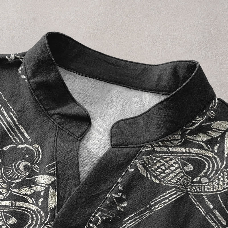 Buddha Stones Cotton Koi Fish Bamboo Pattern Men's Short Sleeve Half Button Shirt - image 2