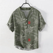 Foviel Cotton Koi Fish Bamboo Pattern Men's Short Sleeve Half Button Shirt