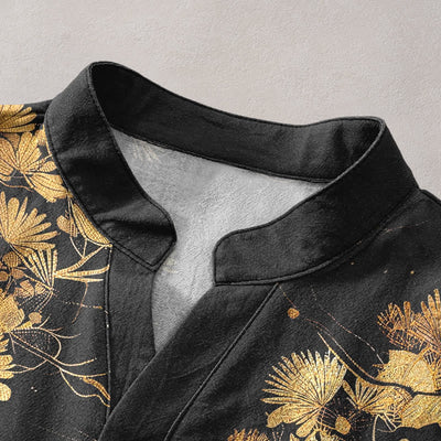 Buddha Stones Cotton Pine Tree White Crane Pattern Men's Short Sleeve Half Button Shirt - image 2