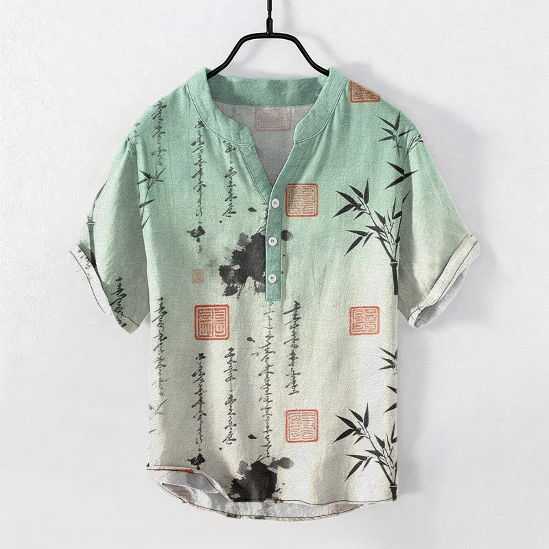 Buddha Stones Cotton Gradient Calligraphy Bamboo Ink Painting Pattern Men's Short Sleeve Half Button Shirt - Honeydew - US/UK/AU50，EU60 (5XL) - image 0