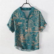 Foviel Cotton Nature Towers Landscape Pattern Men's Short Sleeve Half Button Shirt