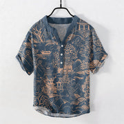 Foviel Cotton Nature Towers Landscape Pattern Men's Short Sleeve Half Button Shirt