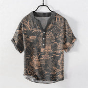 Foviel Cotton Nature Towers Landscape Pattern Men's Short Sleeve Half Button Shirt