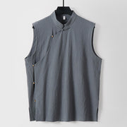 Foviel Summer Solid Color Stand Collar Frog-Button Men's Cotton Linen Sleeveless Vest