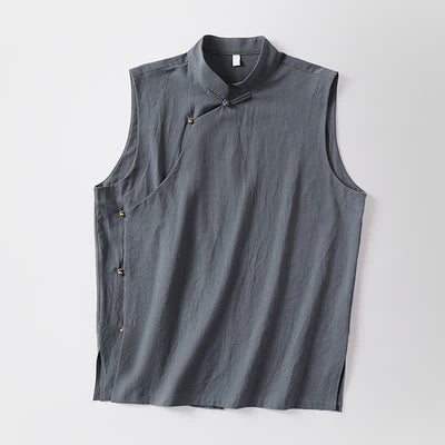 Buddha Stones Summer Solid Color Stand Collar Frog-Button Men's Cotton Linen Sleeveless Vest - image 11