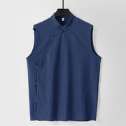 Foviel Summer Solid Color Stand Collar Frog-Button Men's Cotton Linen Sleeveless Vest