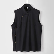 Foviel Summer Solid Color Stand Collar Frog-Button Men's Cotton Linen Sleeveless Vest