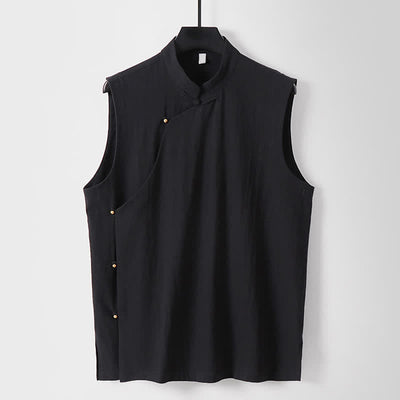 Buddha Stones Summer Solid Color Stand Collar Frog-Button Men's Cotton Linen Sleeveless Vest - Black - US/UK/AU56，EU66(9XL) - image 12