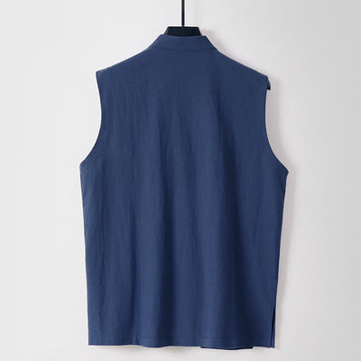 Buddha Stones Summer Solid Color Stand Collar Frog-Button Men's Cotton Linen Sleeveless Vest - image 1