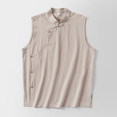 Buddha Stones Summer Solid Color Stand Collar Frog-Button Men's Cotton Linen Sleeveless Vest - image 15