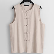 Foviel Retro Frog-Button Crew Neck Men's Cotton Linen Sleeveless Vest