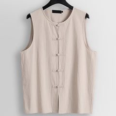 Buddha Stones Retro Frog-Button Crew Neck Men's Cotton Linen Sleeveless Vest - BlanchedAlmond - US/UK/AU56，EU66(9XL) - image 0