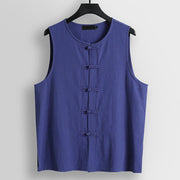 Foviel Retro Frog-Button Crew Neck Men's Cotton Linen Sleeveless Vest