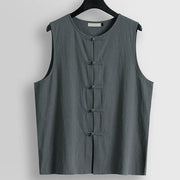 Foviel Retro Frog-Button Crew Neck Men's Cotton Linen Sleeveless Vest