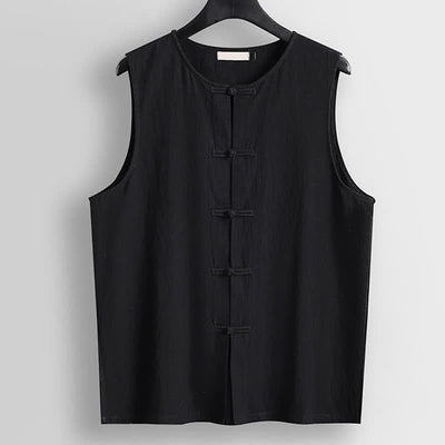 Buddha Stones Retro Frog-Button Crew Neck Men's Cotton Linen Sleeveless Vest - Black - US/UK/AU56，EU66(9XL) - image 9