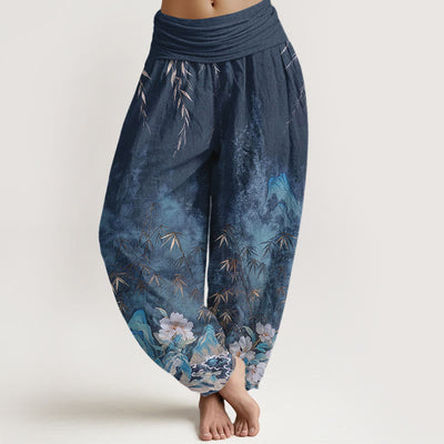 Buddha Stones Cotton Natural Landscape Bamboo Flowers Pattern Women's Elastic Waist Harem Pants - SteelBlue - US16，UK/AU20，EU48 (3XL) - image 0
