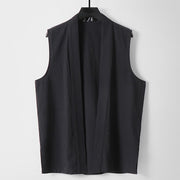 Foviel Spring Pure Color Open Front Design Men's Cotton Linen Sleeveless Kimono