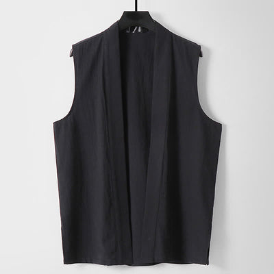 Buddha Stones Spring Pure Color Open Front Design Men's Cotton Linen Sleeveless Kimono - Black - US/UK/AU56，EU66(9XL) - image 10