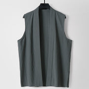 Foviel Spring Pure Color Open Front Design Men's Cotton Linen Sleeveless Kimono