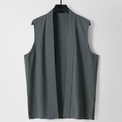 Buddha Stones Spring Pure Color Open Front Design Men's Cotton Linen Sleeveless Kimono - DimGray - US/UK/AU56，EU66(9XL) - image 0