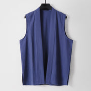 Foviel Spring Pure Color Open Front Design Men's Cotton Linen Sleeveless Kimono