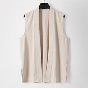 Foviel Spring Pure Color Open Front Design Men's Cotton Linen Sleeveless Kimono