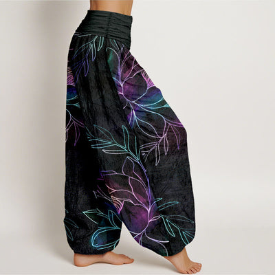 Buddha Stones Cotton Neon Lotus Branches Pattern Women's Elastic Waist Harem Pants - image 1