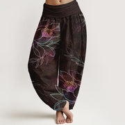 Foviel Cotton Neon Lotus Branches Pattern Women's Elastic Waist Harem Pants