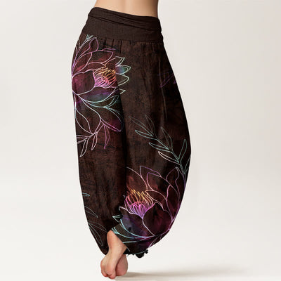 Buddha Stones Cotton Neon Lotus Branches Pattern Women's Elastic Waist Harem Pants - image 7