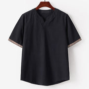 Foviel Summer Embroidered Short Sleeve Notched Collar Men's Cotton Linen T-Shirt