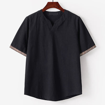 Buddha Stones Summer Embroidered Short Sleeve Notched Collar Men's Cotton Linen T-Shirt - Black - US/UK/AU56，EU66(9XL) - image 3