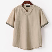 Foviel Summer Embroidered Short Sleeve Notched Collar Men's Cotton Linen T-Shirt