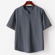 Foviel Summer Embroidered Short Sleeve Notched Collar Men's Cotton Linen T-Shirt