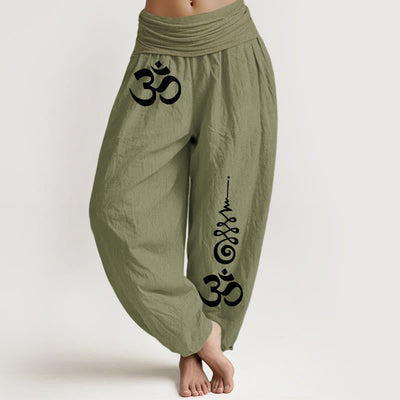 Buddha Stones Cotton Calm OM Energy Lines Pattern Women's Elastic Waist Harem Pants - OliveDrab - US16，UK/AU20，EU48 (3XL) - image 14
