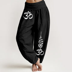 Buddha Stones Cotton Calm OM Energy Lines Pattern Women's Elastic Waist Harem Pants - Black - US16，UK/AU20，EU48 (3XL) - image 0
