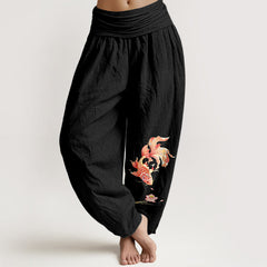 Buddha Stones Cotton Luck Koi Fish Lotus Pattern Women's Elastic Waist Harem Pants - Black - US16，UK/AU20，EU48 (3XL) - image 0