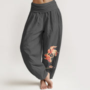 Foviel Baumwolle Glück Koi Fisch Lotus Muster Damen elastische Taille Harem Hose