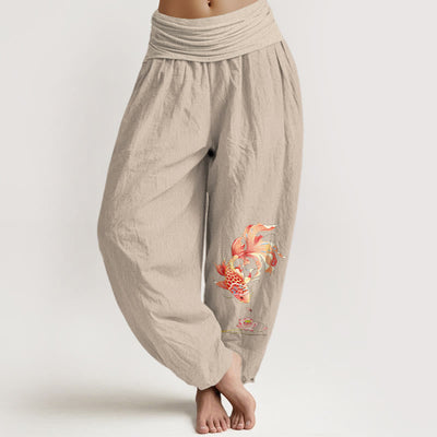 Buddha Stones Cotton Luck Koi Fish Lotus Pattern Women's Elastic Waist Harem Pants - Tan - US16，UK/AU20，EU48 (3XL) - image 11