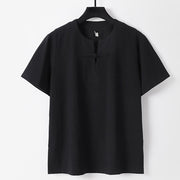 Foviel Solid Color Frog-Button Short Sleeve Notched Collar Men's Cotton Linen T-Shirt
