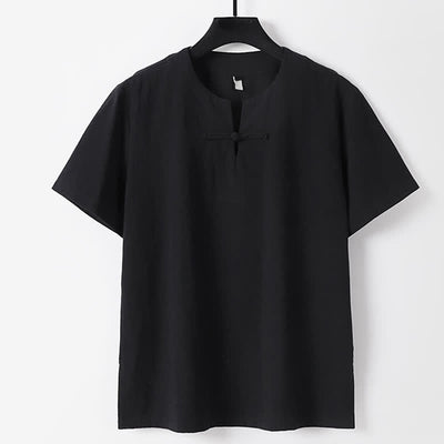 Buddha Stones Solid Color Frog-Button Short Sleeve Notched Collar Men's Cotton Linen T-Shirt - Black - US/UK/AU56，EU66(9XL) - image 2