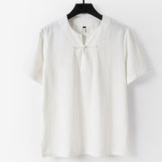 Foviel Solid Color Frog-Button Short Sleeve Notched Collar Men's Cotton Linen T-Shirt
