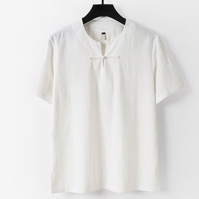 Buddha Stones Solid Color Frog-Button Short Sleeve Notched Collar Men's Cotton Linen T-Shirt - White - US/UK/AU56，EU66(9XL) - image 1